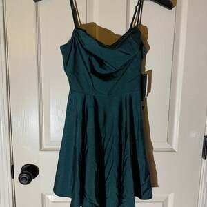 City Studios Juniors' Draped Sleeveless Satin Fit & Flare Dress in Emerald Green